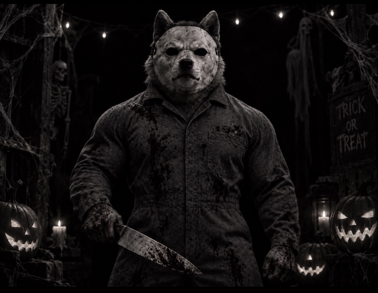 Masked Hallowinu.org hound holding a blade beneath Halloween lights